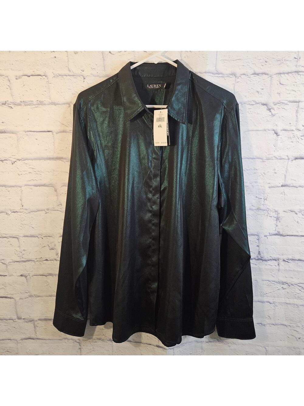 Lauren Ralph Lauren Women’s Green Metallic Button Up Shirt Size XXL NWT $125